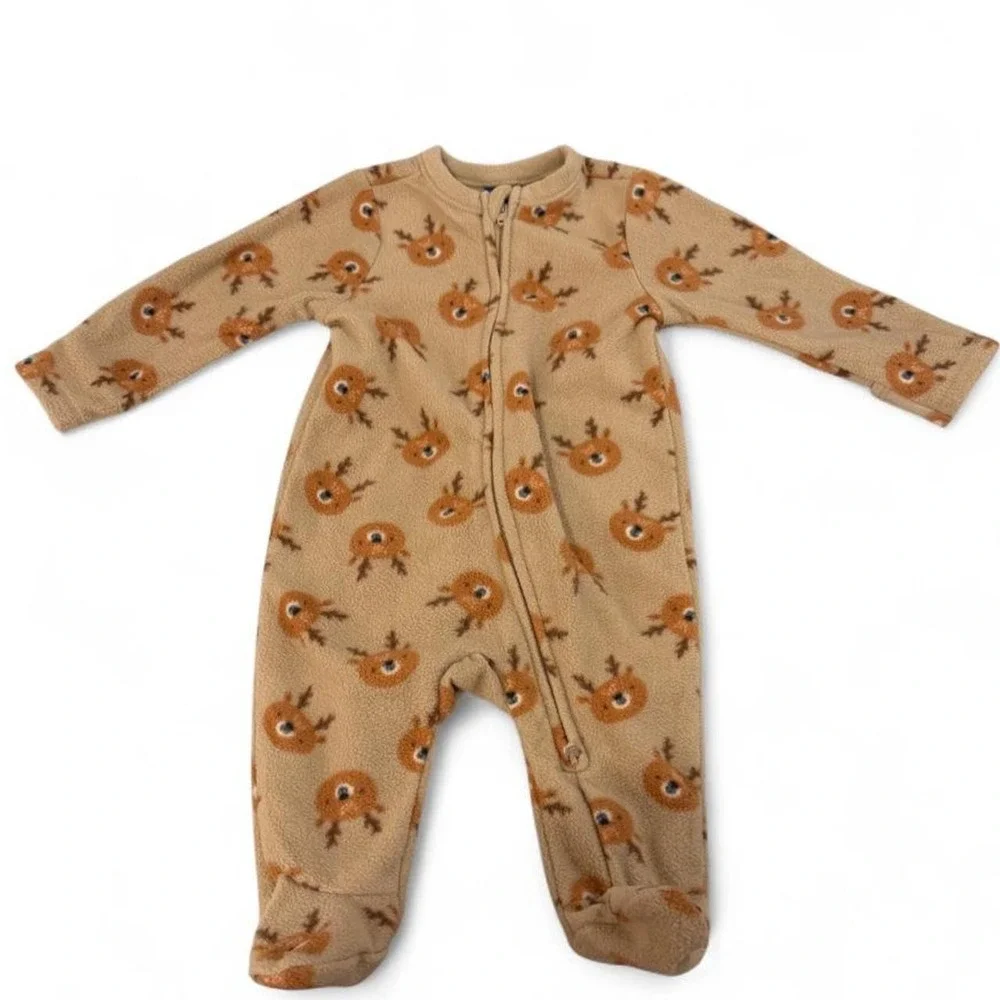 Old Navy Baby Fleece Reindeer Footed Sleeper 2-Way Zipper 0-3M Holiday Pajamas
